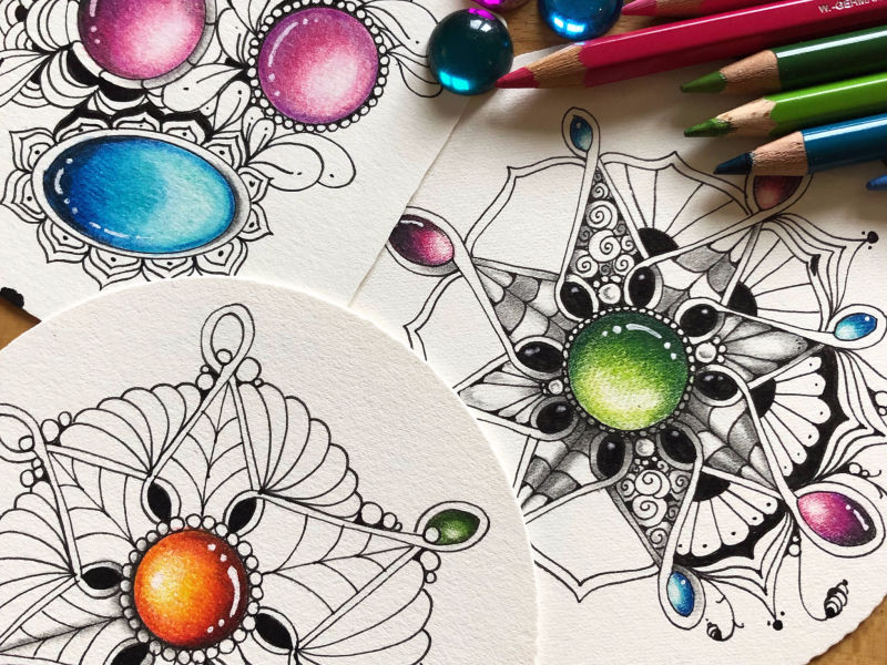 Zengems und Zendalas Stifte und Zendalas mit Zentangle Zeichnungen